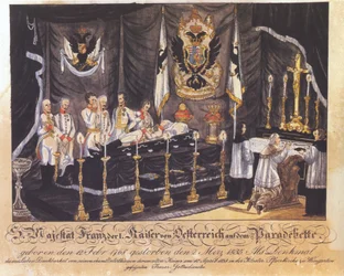 Su Majestad Francisco I, Emperador de Austria en el lecho de desfile, litografía coloreada, 1835